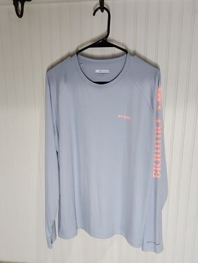 Columbia Light Blue Long Sleeve Crew with Pink Sleeve Logo